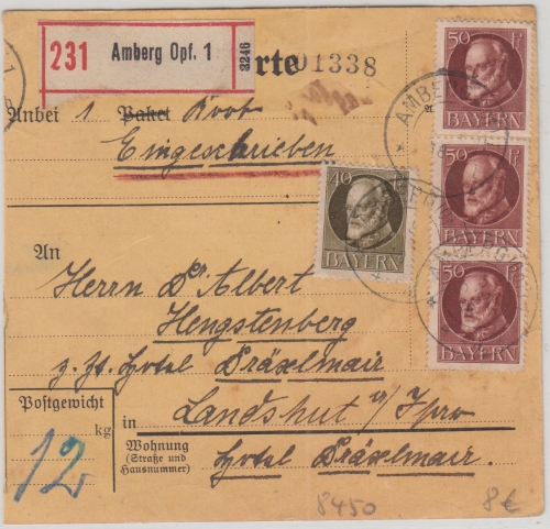 Bayern - 3x50+40 Pfg. Ludwig Einschreibepaketkarte Amberg - Landshut 1918