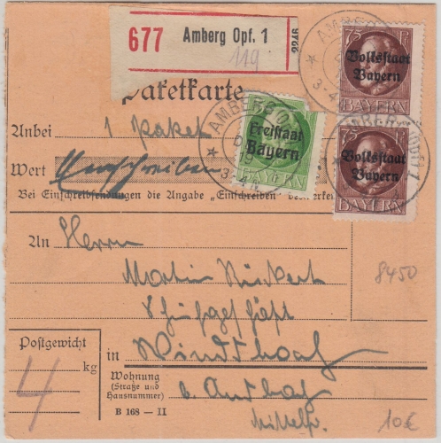 Bayern - 2x75 Pfg. Ludwig/Volksstaat u.a. Einschreibepaketkarte Amberg 1919
