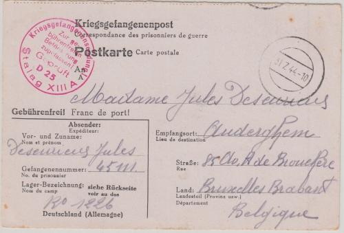 DR - Stalag XIIIA (Sulzbach-Rosenberg) Kriegsgefangenenkarte n. BELGIEN 1944
