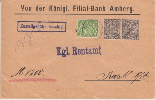 Bayern - 2x25+5 Pfg. Staatswappen Dienstwertbrief Amberg - Kastl 1918