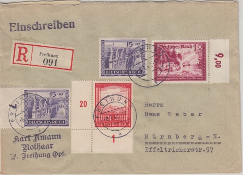 DR - 2x15 Pfg. Wiener Messe u.a. Einschreibebrief Freihung - Nürnberg 1942