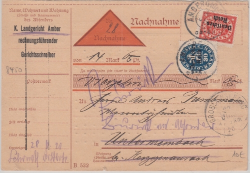 DR-Infla - 50+30 Pfg. By-Abschied/DR nachnahmekarte Amberg - Untermembach 1920