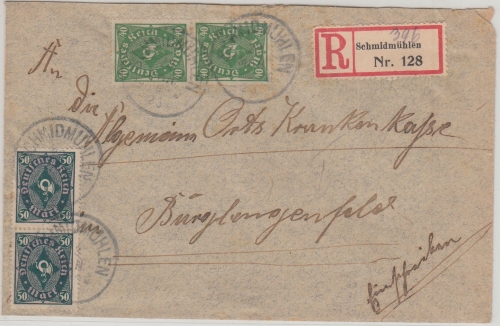 DR-Infla - 2x40+2x50 M. Posthorn Einschreibebrief Schmidmühlen 1923