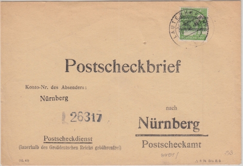 Bizone - 10 Pfg. Arbeiter/Band Postscheckbrief Lauterhofen - Nürnberg 1948