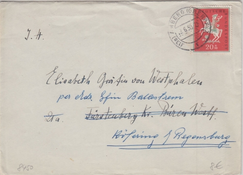 BRD - 20 Pfg. Volkslieder Brief Amberg - Fürstenberg 1958 Nachsendung Köfering