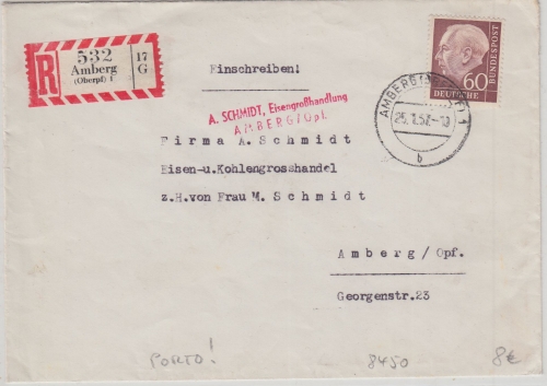 BRD - 60 Pfg. Heuss I Ortseinschreibebrief Amberg 1947