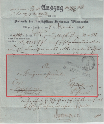 Thurn&Taxis - Witzenhausen 9 DEC 1847 L2 Dienstbrief n. Lichtenau - Inhalt !!!