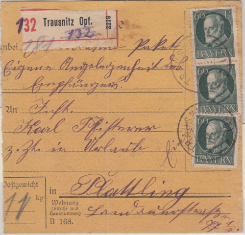 Bayern - 3x60 Pfg. Ludwig Einschreibepaketkarte Trausnitz - Plattling 1918