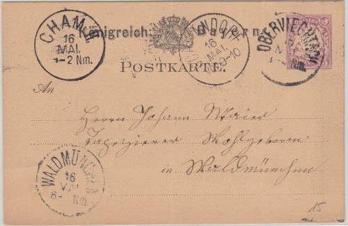 Bayern - Oberviechtach 15. NOV K1 5 Pfg. Ganzsachenkarte n. Waldmünchen 1881
