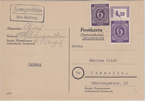 All.Bes./Kontrollrat - Zangenstein ü. Nabburg Landpost-Ra2 Karte n Chemnitz 1946