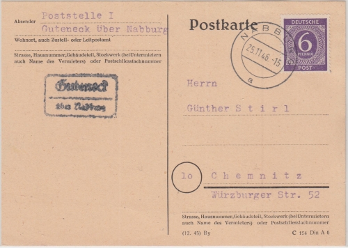 All.Bes./Kontrollrat - Guteneck ü. Nabburg Landpost-Ra2 Karte n. Chemnitz 1946