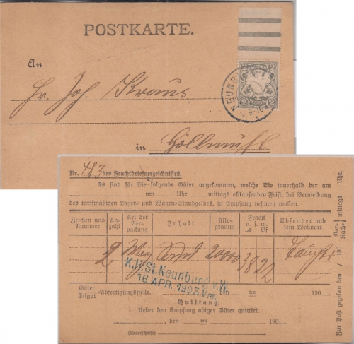Bayern - 2 Pfg. Wappen Ortskarte/Frachtgutbenachrichtigung Neunburg v/W. 1903