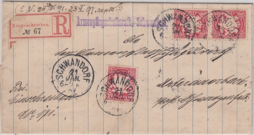 Bayern - 3x10 Pfg. Wappen Einschreibebrief Schwandorf - Schwarzenfeld 1891
