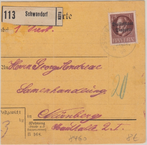 Bayern - 75 Pfg. Ludwig/Volksstaat Paketkarte Schwandorf - Nürnberg 1920