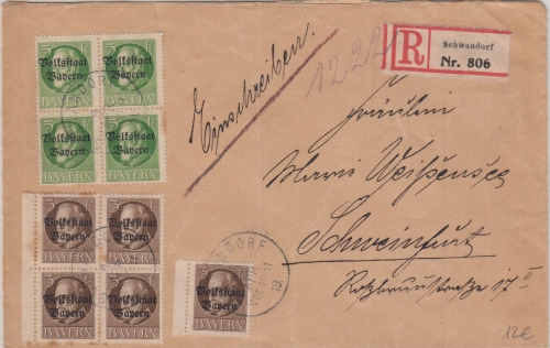 Bayern - 4x5+5x3 Pfg. Ludwig/Volksstaat Einschreibebrief Schwandorf 1919