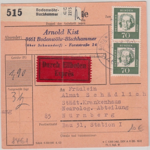 BRD - Bodenwöhr-Blechhammer Eilpaketkarte n. Nürnberg 1964