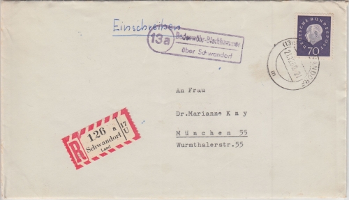 BRD - Bodenwöhr-Blechhammer ü. Schwandorf Einschreibebrief n. München 1960