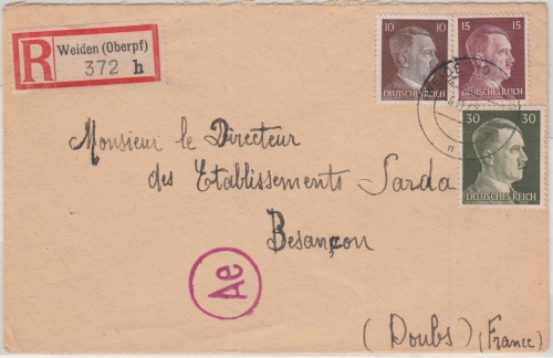 DR - 30 Pfg. AH u.a. Einschreibebrief Fremdarbeiter n. FRANKREICH Weiden 1943