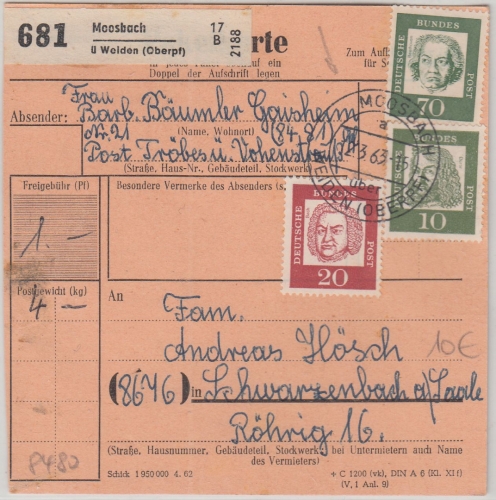BRD - Moosbach ü. Weiden 1963 apt. Tagesstpl. Paketkarte n. Schwarenbach a/S.