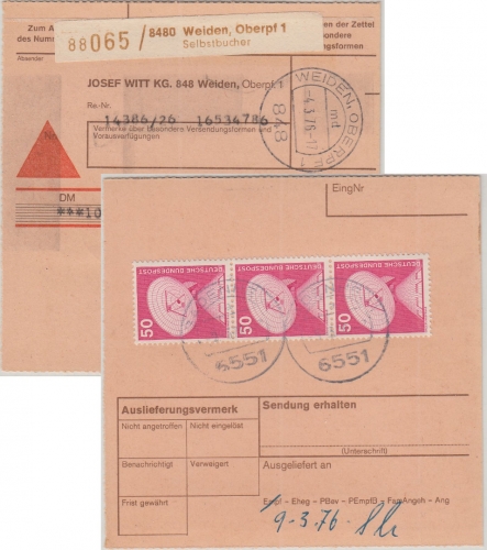 BRD - 3x50 Pfg. I&T Aushändigungsgebühr Nachnahmepaket Weiden - Badenheim 1976