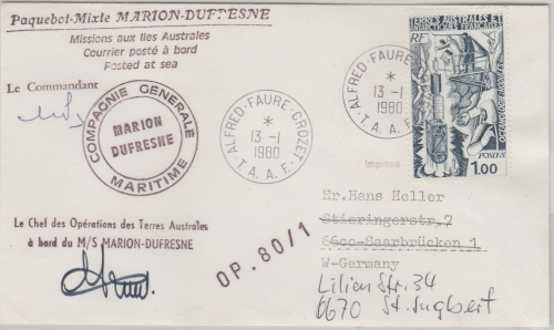TAAF - 1 Fr. Ozeanographie Brief Alfred Faure Crozet - Saarbrücken 1980