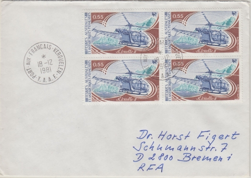 TAAF - 0,55 Fr. Hubschrauber 4er-Block Brief Port aux Francais Kerguelen 1981