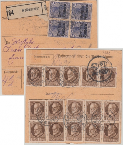Bayern - 20 Pfg. Germania/Freistaat u.a. Paketkarte Waldmünchen - Nürnberg 1920