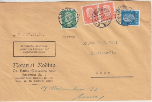 DR - 25+5+2x12 Pfg. Hindenburg Zustellurkunde Roding - Cham 1932