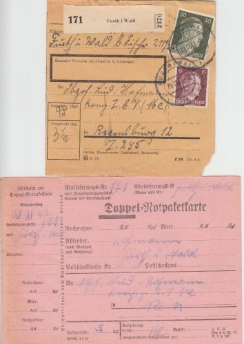 DR - Furth i/W 1943 Paketkarte + Doppel-Notpaketkarte n. Regensburg 12 !