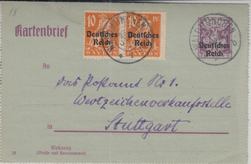 DR-Infla - 20 Pfg. By-Abschied/DR GA-Kartenbrief+Zusatz Waldmünchen 1920