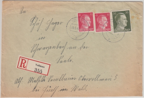 DR - 30+2x12 Pfg. AH Einschreibebrief Vollmau - Schwarzenbach a/S 1943