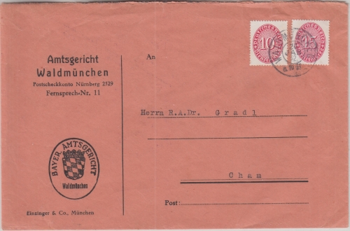 DR - 10+15 Pfg. Strohhut Dienstbrief Amtsgericht Waldmünchen - Cham 1932