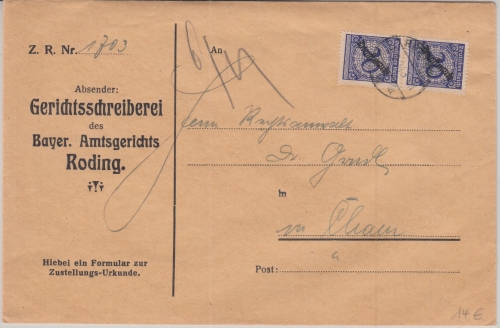 DR - 2x20 Pfg. Korbdeckel/Dienst Zustellurkunde Roding - Cham 1924