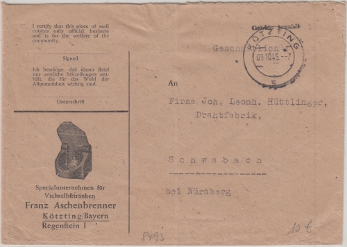 All.Bes. - Kötzting 9.10.45 Gebühr bezahlt L1 illustr. Firmenbrief n. Schwabach