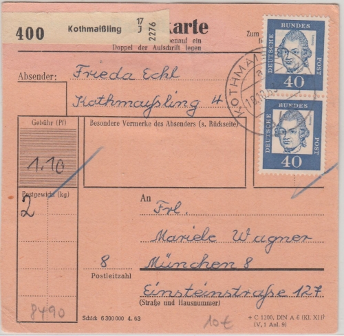 BRD - 8491 Kothmaißling Paketkarte n. München 1963