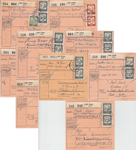 BRD - Cham Land Paketkarten 11 versch. kl.Orte m. neuen PLZ 1965