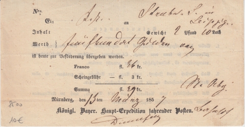 Bayern - Nürnberg 1857 Fahrpost Aufgabeschein Wertsendung (500 Gulden) n Leipzig