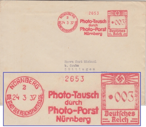 DR - Nürnberg 1937 3 Pfg. AFS Photo Porst Drucksachenbrief n. Göttingen