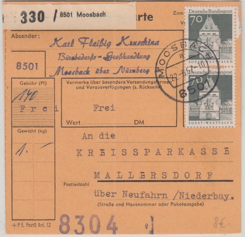 BRD - 2x70 Pfg. Bauwerke Paketkarte Moosbach - Mallersdorf 1967