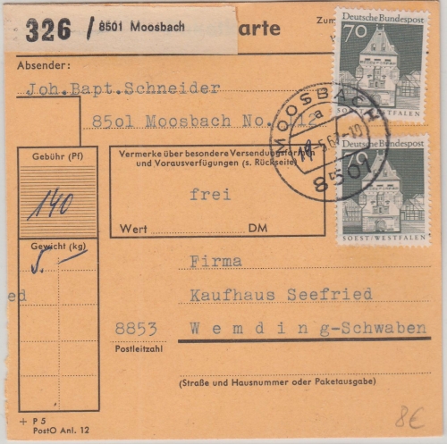 BRD - 2x70 Pfg. Bauwerke Paketkarte Moosbach - Wemding 1967