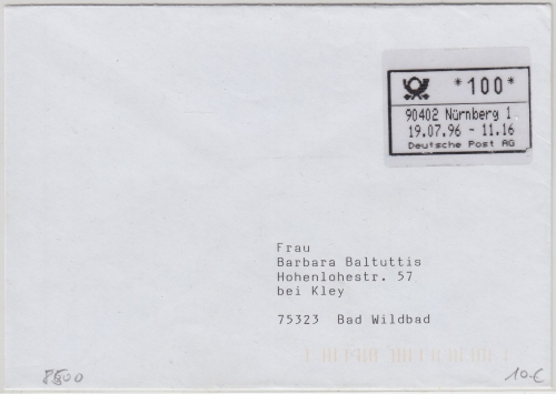 BRD - ABAS Versuch 100 Pfg. Brief Nürnberg 1- Bad Wildbad 19.7.96 mit Quittung