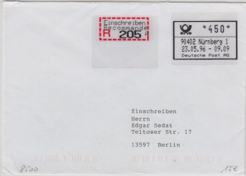 BRD - ABAS Versuch 450 Pfg. Einschreibebrief Nürnberg 1- Berlin 23.5.96