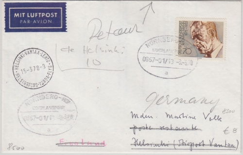 BRD - Nürnberg Hof Überlandpost 0867-01/13 Luftpostbrief n. Finnland 1978