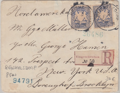 Bayern - 2x20 Pfg. Wappen Einschreibebrief n. USA Reichelsdorf - New York 1900