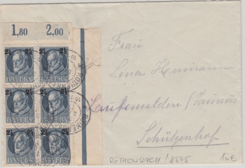 Bayern - 2 1/2 a. 2 Pfg. Ludwig 6er-Block Bogenecke Brief Rötenbach 1917