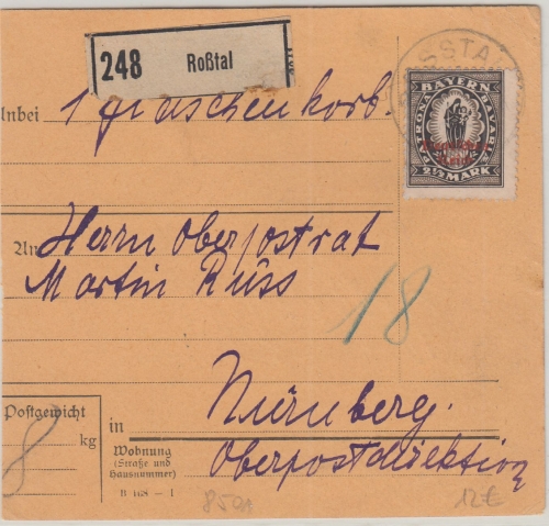 DR-Infla - 2 1/2 M. By-Abschied/DR Paketkarte Roßtal - Nürnberg 1921