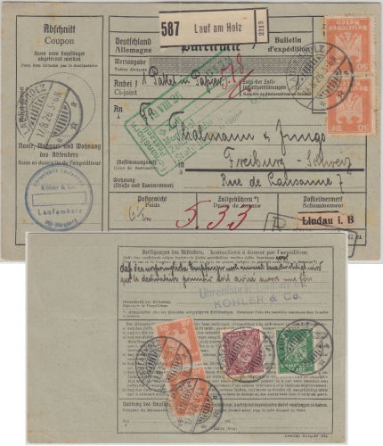 DR - 4x50 Pfg. Adler u.a. Paketkarte i.d. SCHWEIZ Lauf am Holz - Freiburg 1926