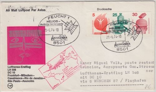BRD - Feucht Helios Sonnensonde SST Lupo-Brief Zuleitungspost LH-Erstflug 1974