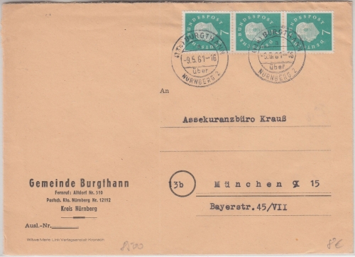 BRD - (13b) Burgthann ü. Nürnberg Poststelle I Brief n. München 1961