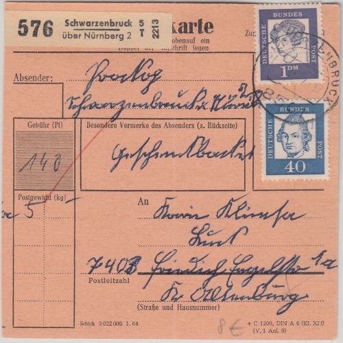 BRD - Schwarzenbruck ü. Nürnberg 2 Poststelle I Paketkarte n. Altenburg 1967